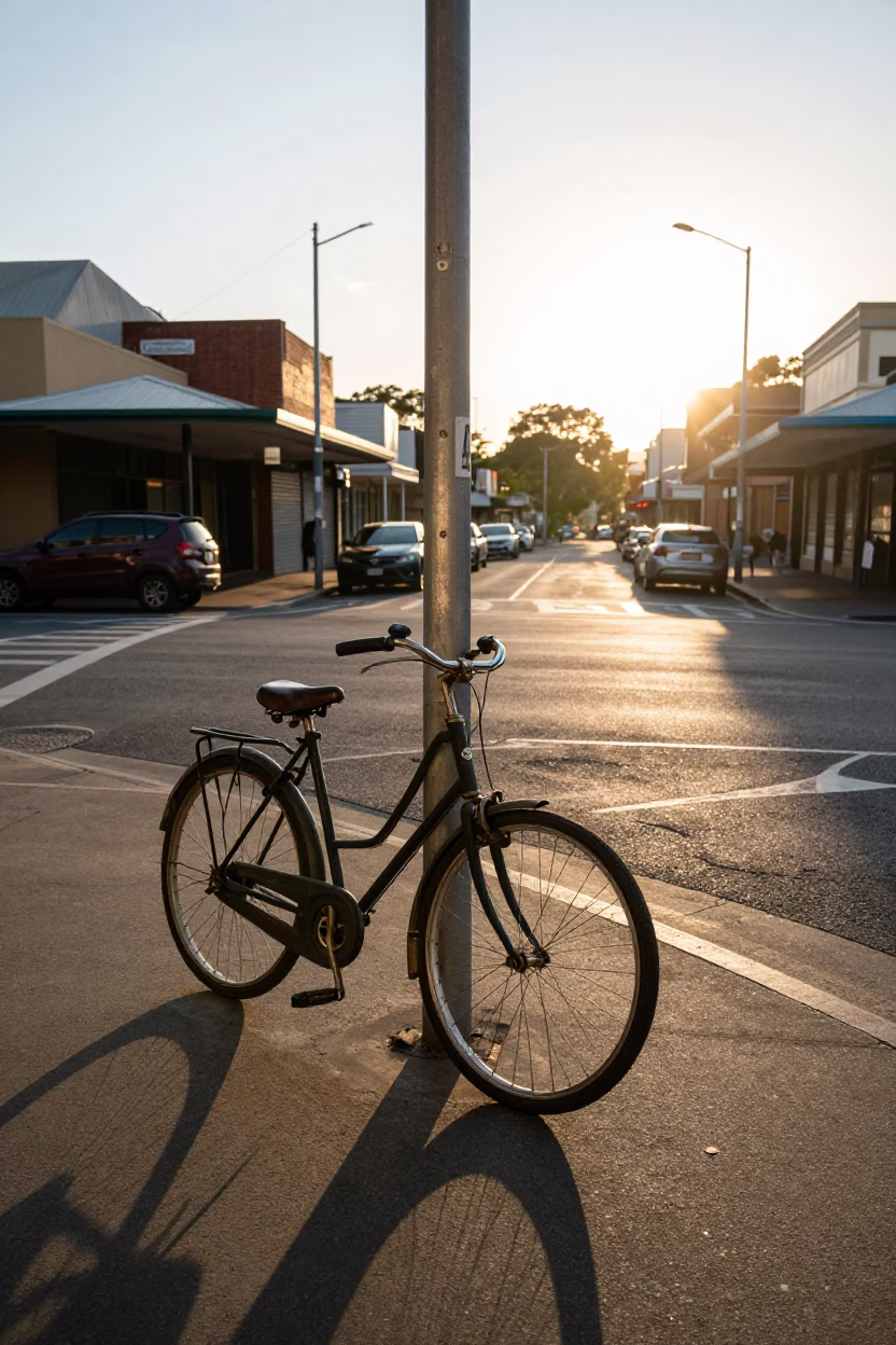 Golden Hour Street Scene in Sydney NSW with Vintage Bicycle and Local Market Stalls in in Sydney, New South Wales, Australia