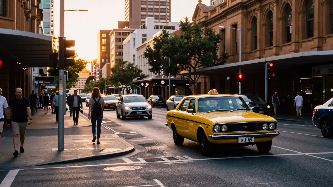 Golden Hour Street Scene in Sydney with Vintage Car and Urban Pedestrians in in Sydney, New South Wales, Australia