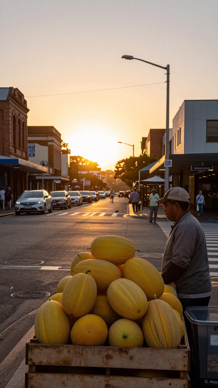 Golden Hour Street Scene in Sydney with Yellow Melons and Urban Life in in Sydney, New South Wales, Australia