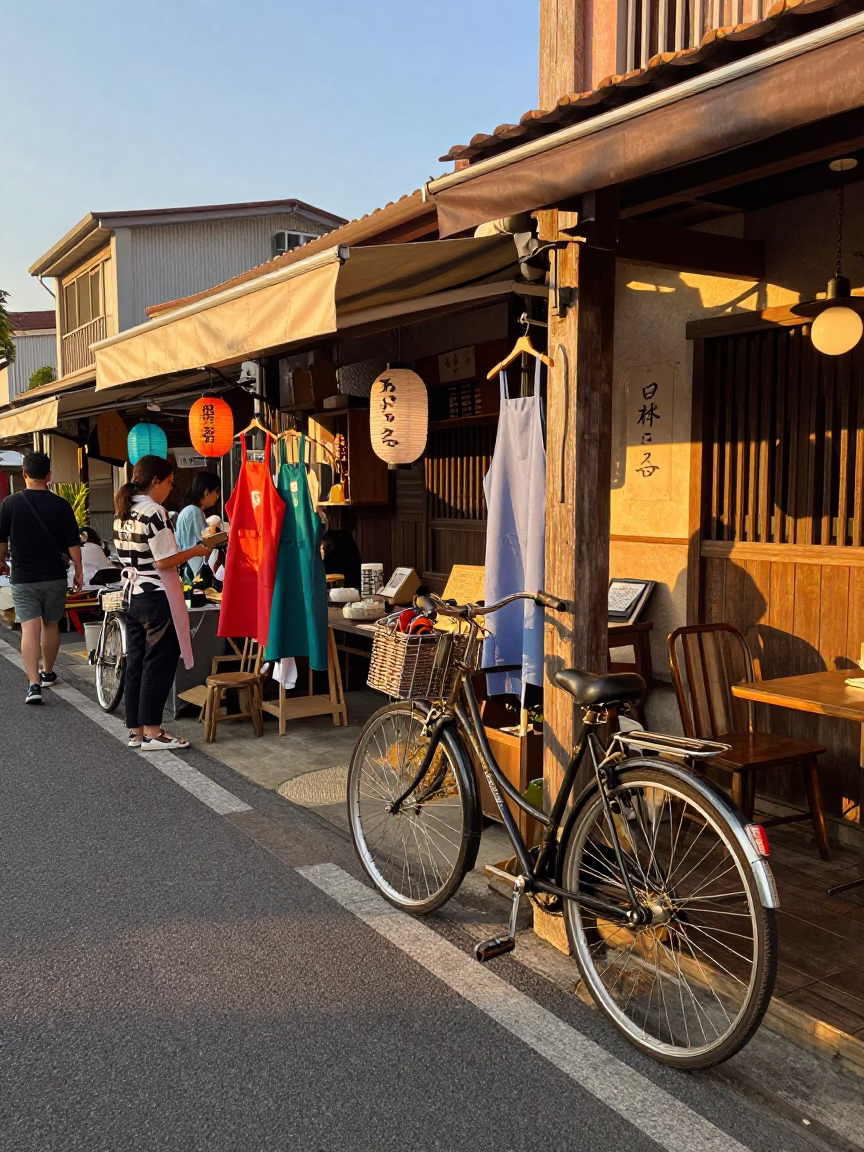 Golden Hour Street Scene in Tainan Taiwan with Bicycle and Aprons in in Tainan, Taiwan