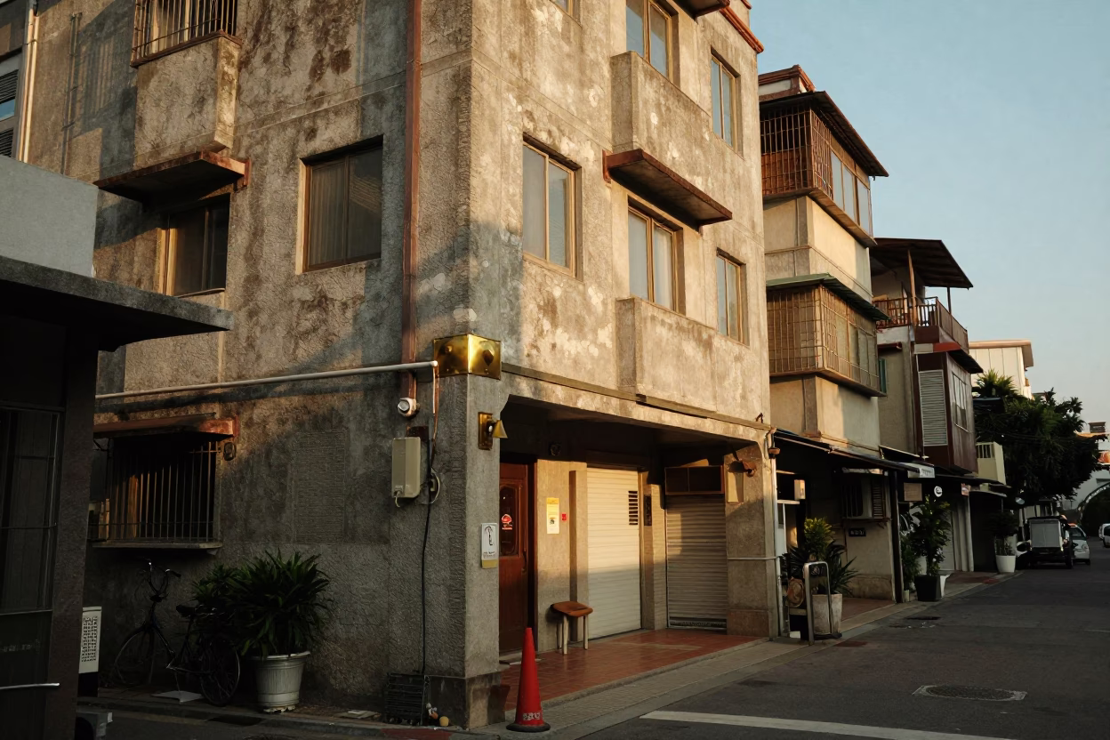 Golden Hour Street Scene in Tainan Taiwan with Brass Details and Urban Decay in in Tainan, Taiwan