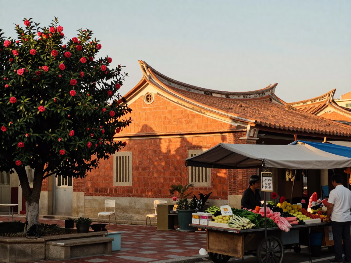Golden Hour Street Scene in Tainan Taiwan with Camellia and Night Market Ambience in in Tainan, Taiwan