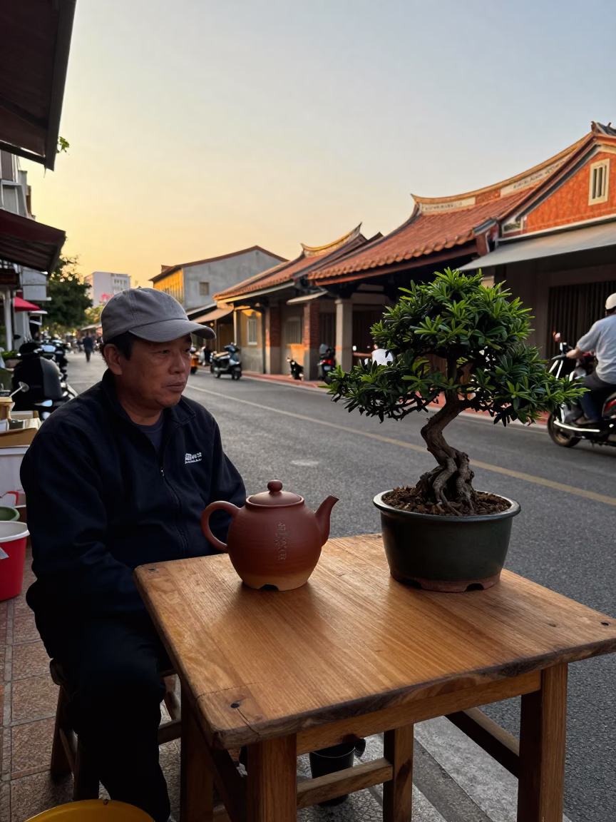 Golden hour street scene in Tainan Taiwan with clay teapot and bonsai in in Tainan, Taiwan