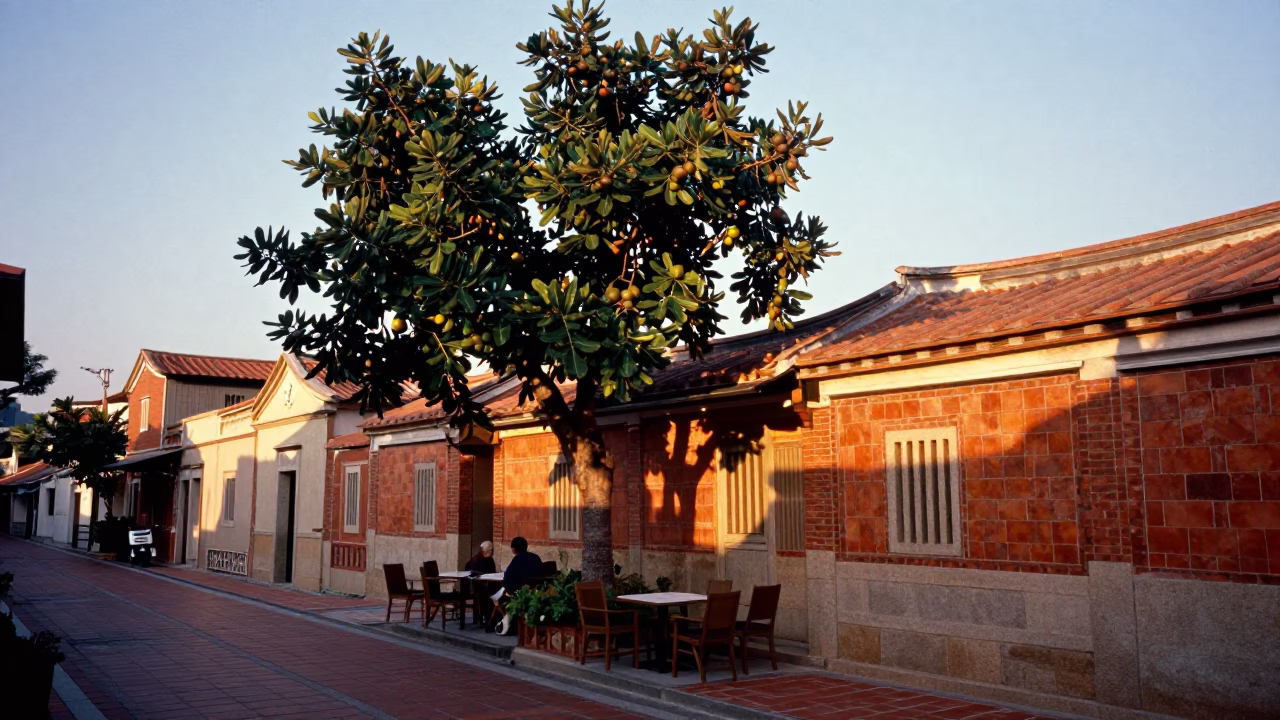 Golden Hour Street Scene in Tainan Taiwan with Fig Tree and Local Dining in in Tainan, Taiwan