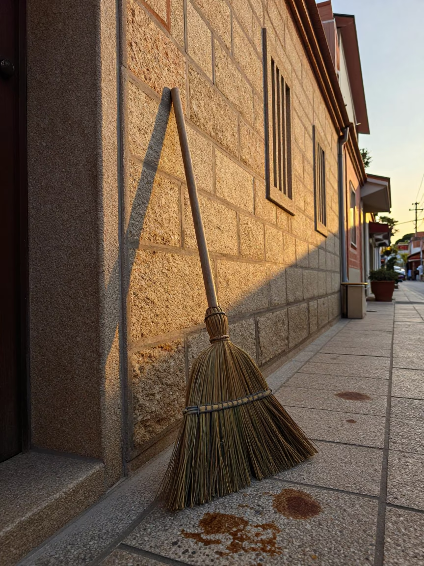 Golden Hour Street Scene in Tainan Taiwan with Hand Broom and Tea Stains in in Tainan, Taiwan