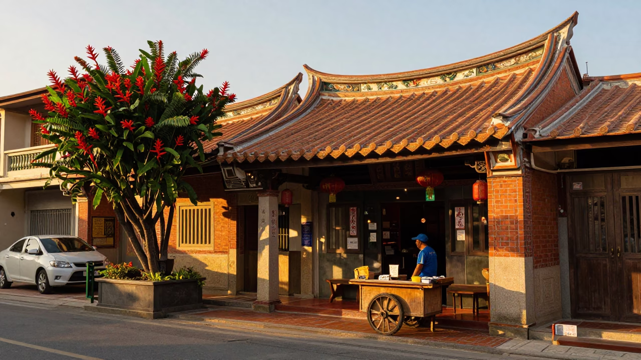 Golden Hour Street Scene in Tainan Taiwan with Heliconia and Traditional Architecture in in Tainan, Taiwan