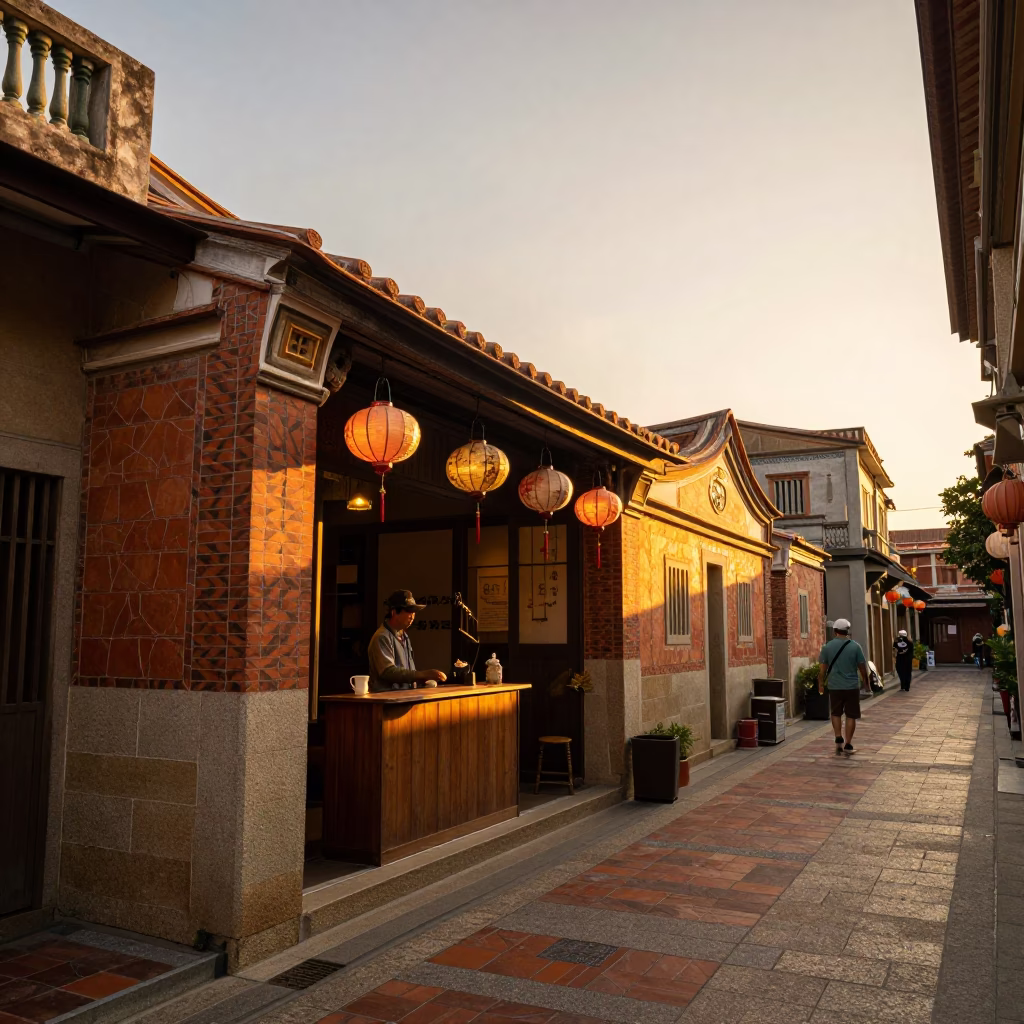 Golden Hour Street Scene in Tainan Taiwan with Lanterns and Vintage Atmosphere in in Tainan, Taiwan