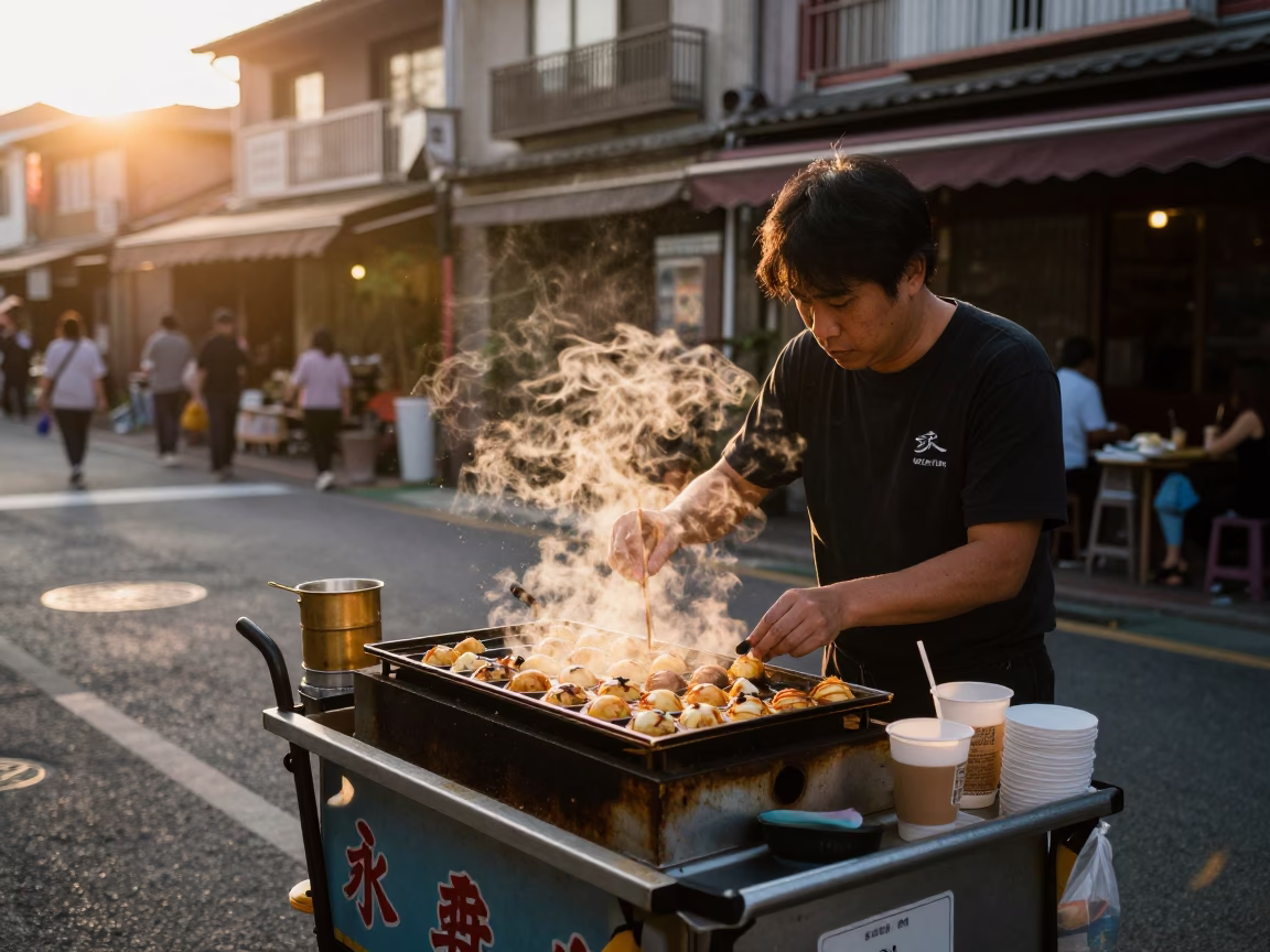 Golden Hour Street Scene in Tainan Taiwan with Local Food and Coffee in in Tainan, Taiwan