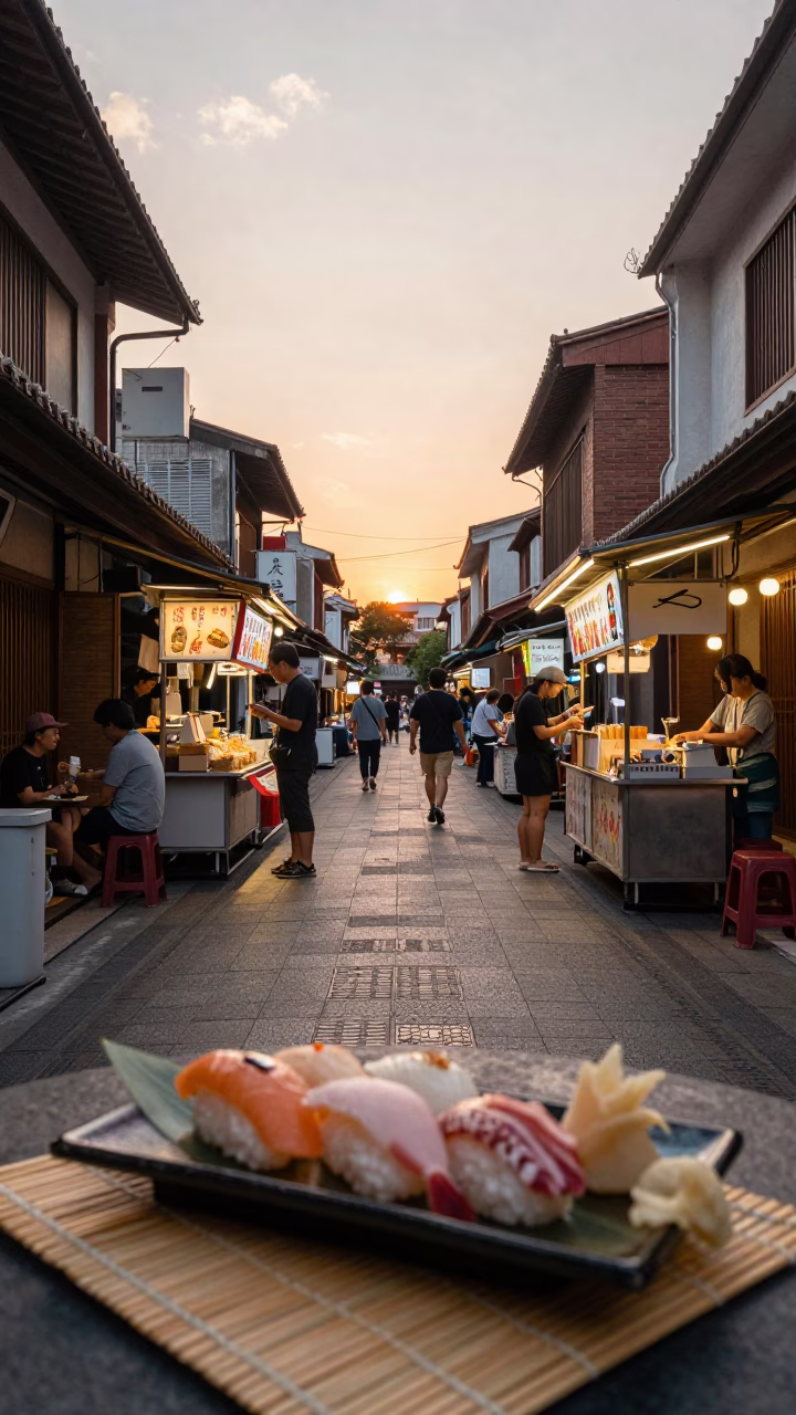 Golden Hour Street Scene in Tainan Taiwan with Nigiri Platter and Bamboo Mat in in Tainan, Taiwan
