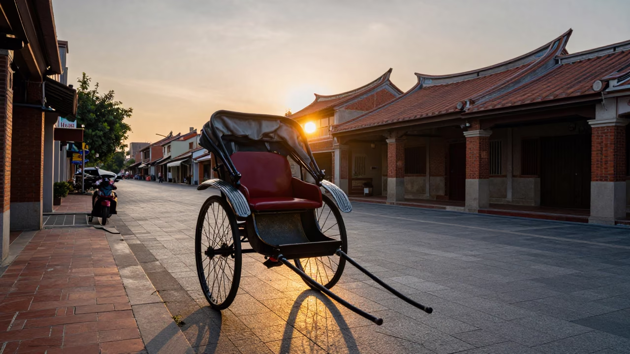 Golden Hour Street Scene in Tainan Taiwan with Rickshaw and Urban Details in in Tainan, Taiwan