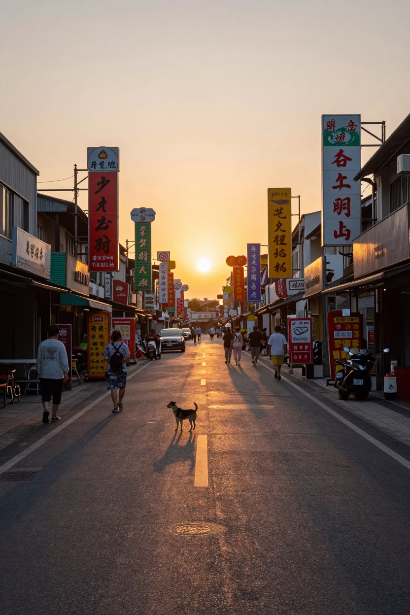 Golden Hour Street Scene in Tainan Taiwan with Taiwan Dog and Local Life in in Tainan, Taiwan
