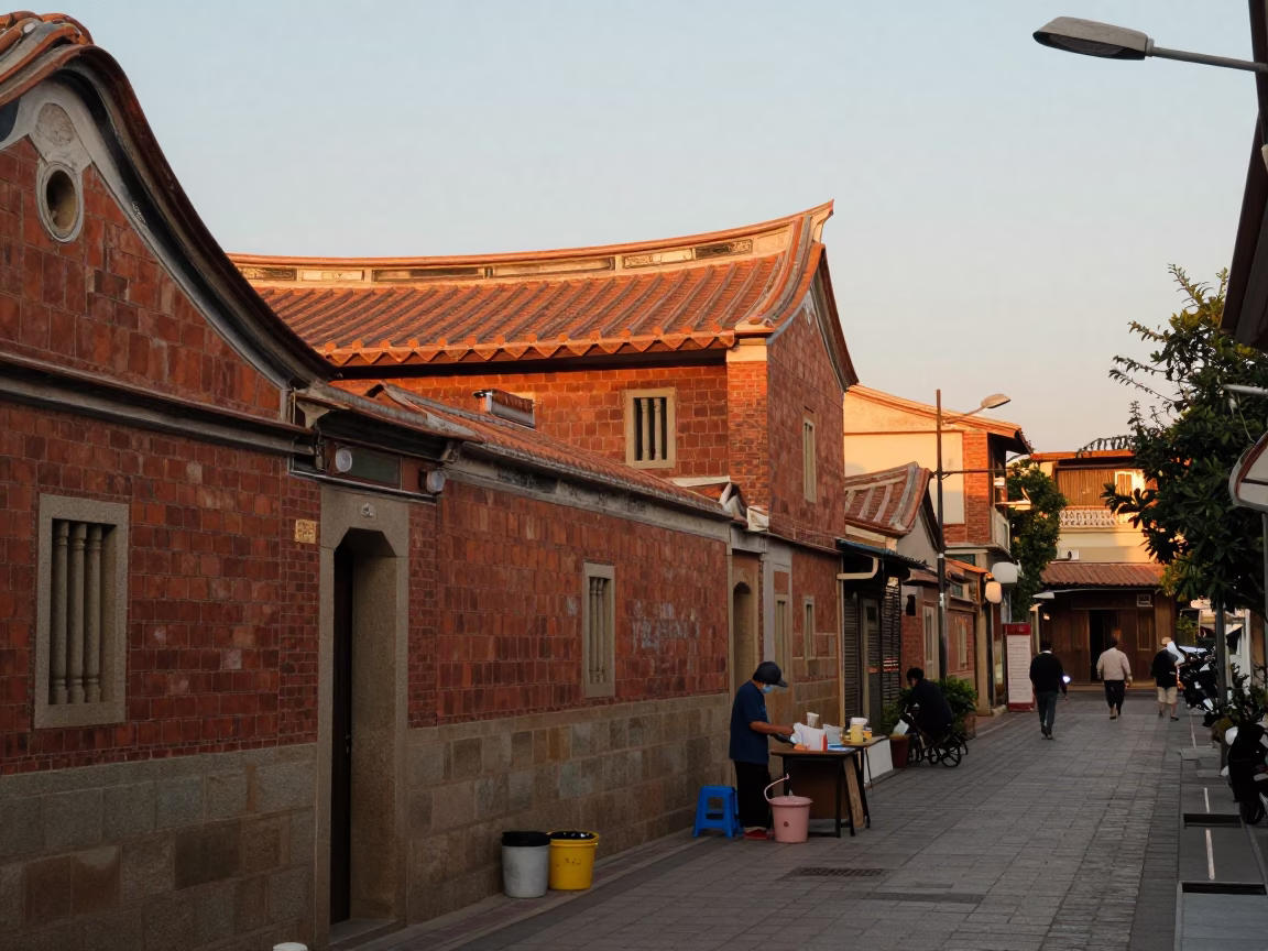 Golden Hour Street Scene in Tainan Taiwan with Traditional Architecture and Daily Life in in Tainan, Taiwan