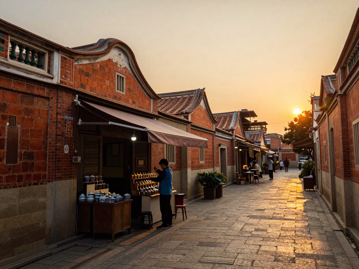Golden Hour Street Scene in Tainan Taiwan with Traditional Architecture and Evening Ambience in in Tainan, Taiwan