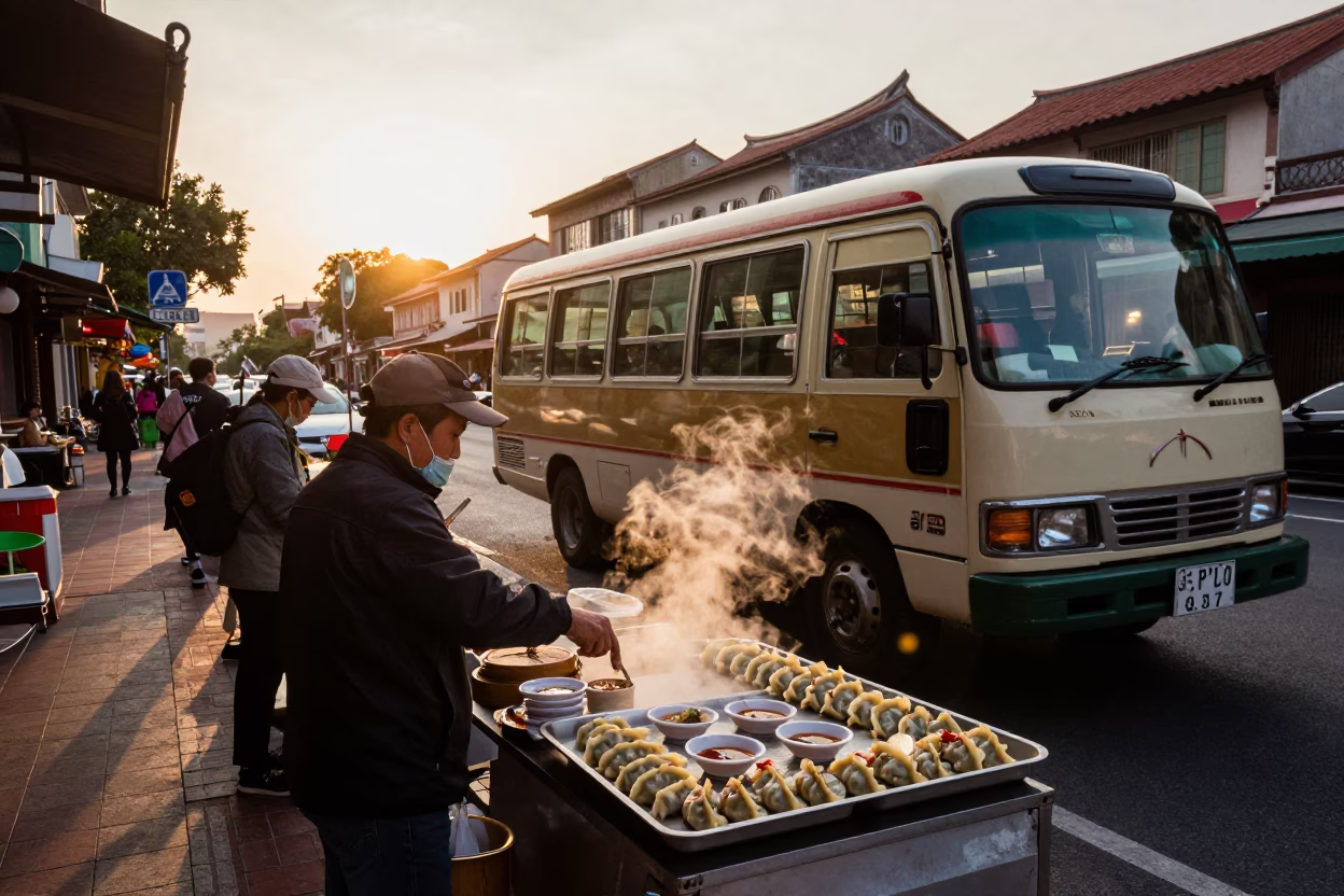 Golden Hour Street Scene in Tainan Taiwan with Traditional Food and Classic Bus in in Tainan, Taiwan