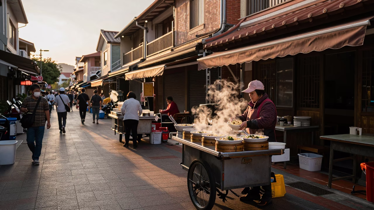 Golden Hour Street Scene in Tainan Taiwan with Traditional Food and Local Life in in Tainan, Taiwan