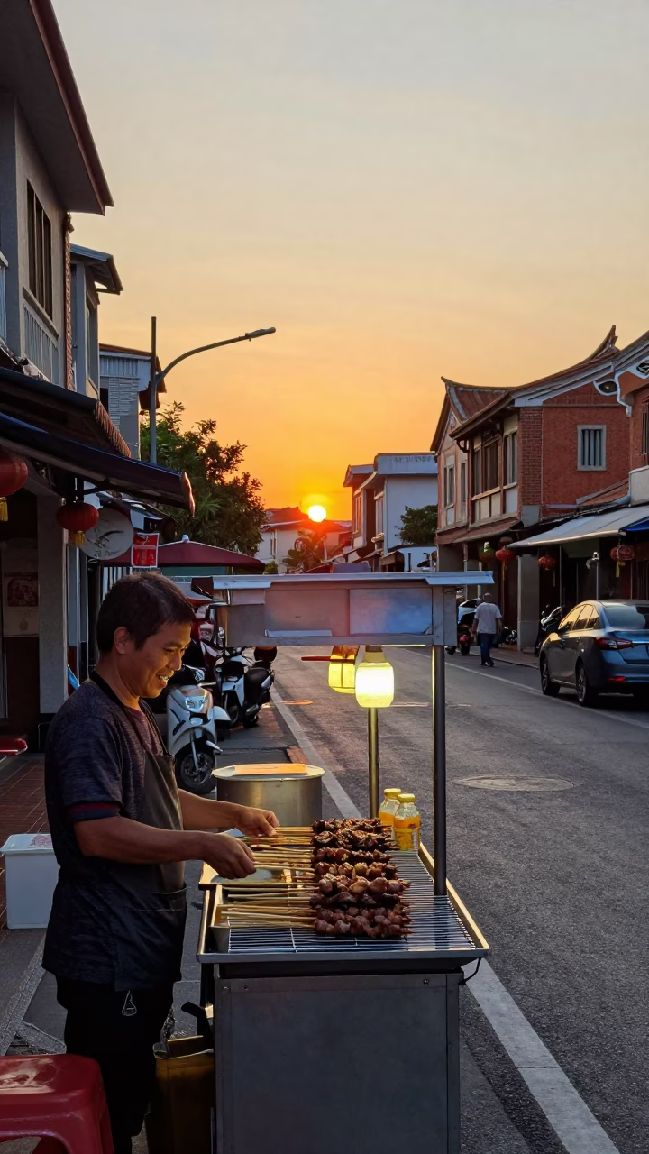 Golden Hour Street Scene in Tainan Taiwan with Traditional Food Vendor and Evening Light in in Tainan, Taiwan