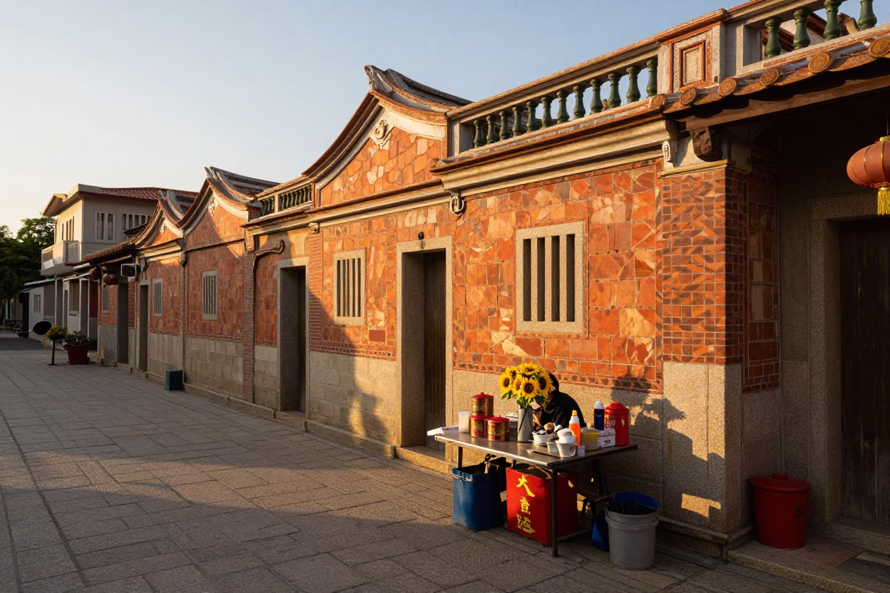 Golden Hour Street Scene in Tainan Taiwan with Traditional Tea Tin and Sunflowers in in Tainan, Taiwan