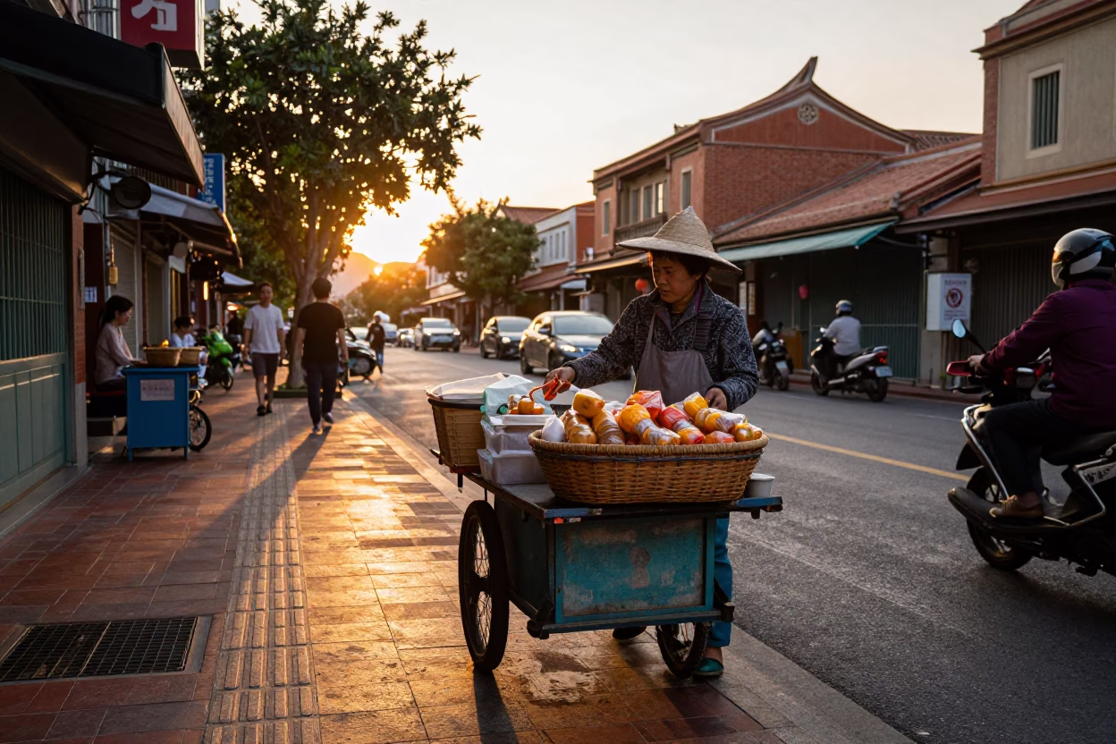 Golden Hour Street Scene in Tainan Taiwan with Vendor Selling Food from Basket in in Tainan, Taiwan
