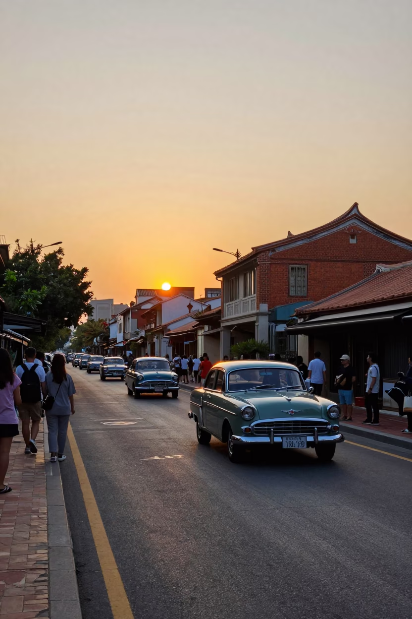 Golden Hour Street Scene in Tainan Taiwan with Vintage Car Rally in in Tainan, Taiwan