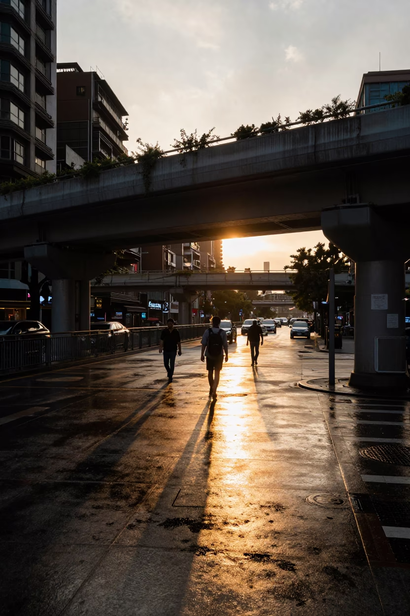 Golden Hour Street Scene in Taipei Taiwan Pedestrian Overpass and Urban Life in in Taipei, Taiwan