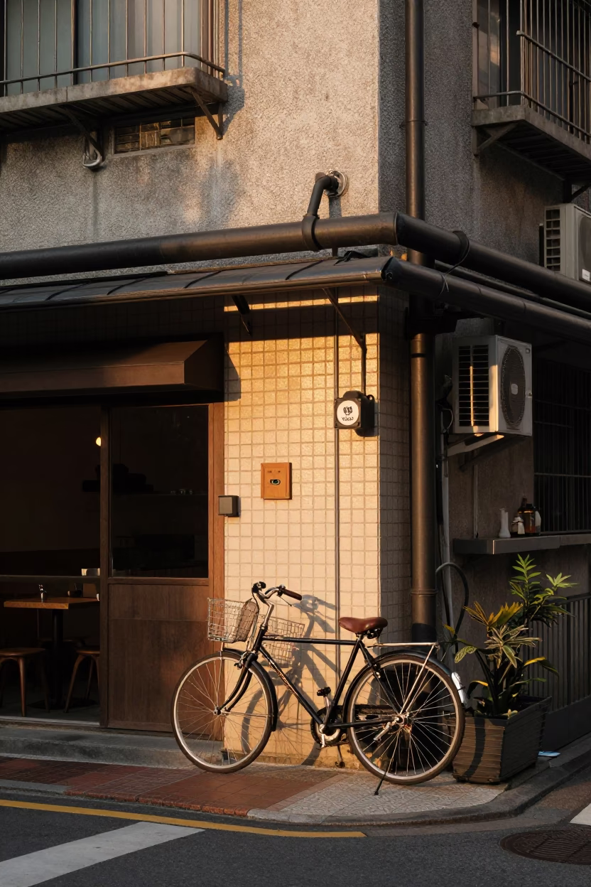 Golden Hour Street Scene in Taipei Taiwan with Bicycle and Urban Details in in Taipei, Taiwan