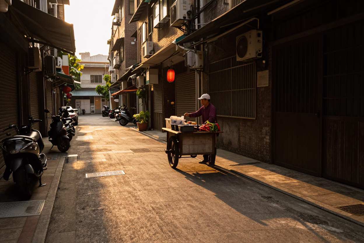 Golden Hour Street Scene in Taipei Taiwan with Chili Peppers and Vintage Atmosphere in in Taipei, Taiwan