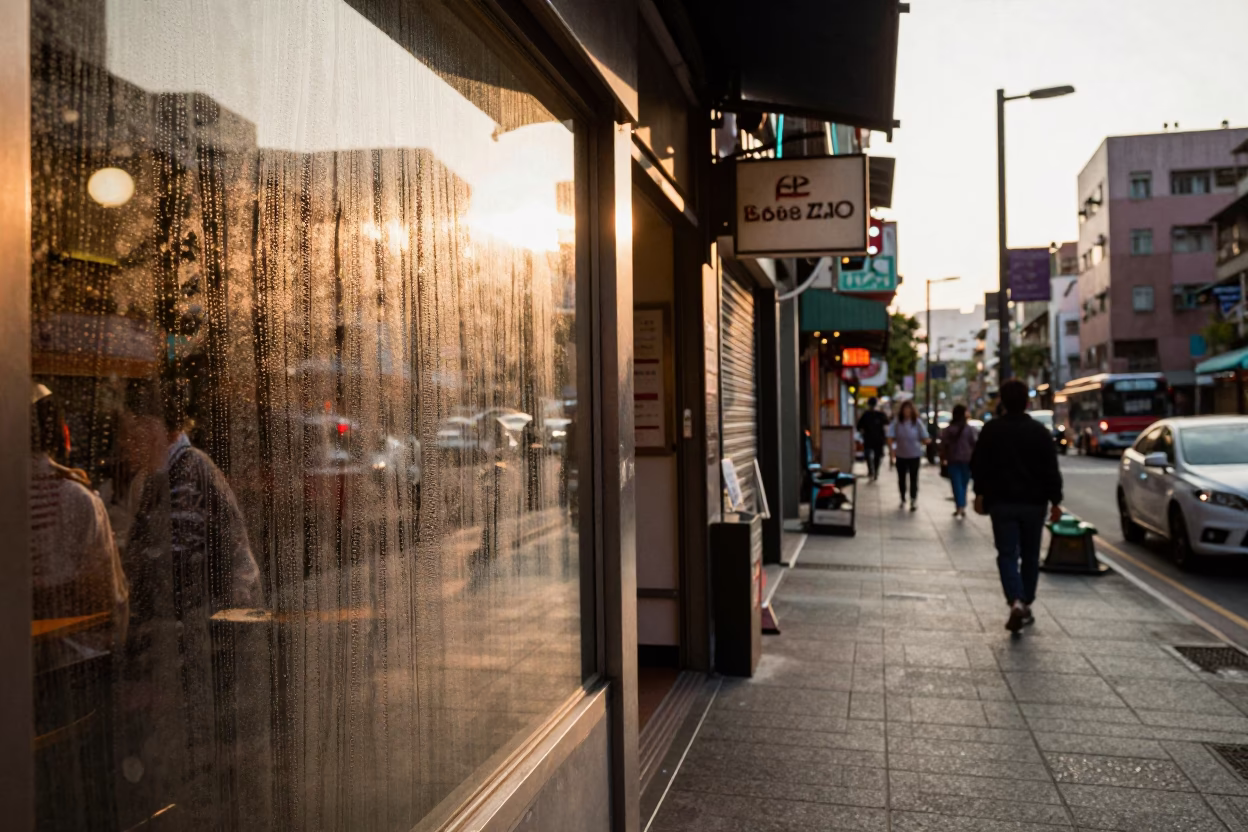 Golden Hour Street Scene in Taipei Taiwan with Condensation on Glass and Gelato Display in in Taipei, Taiwan