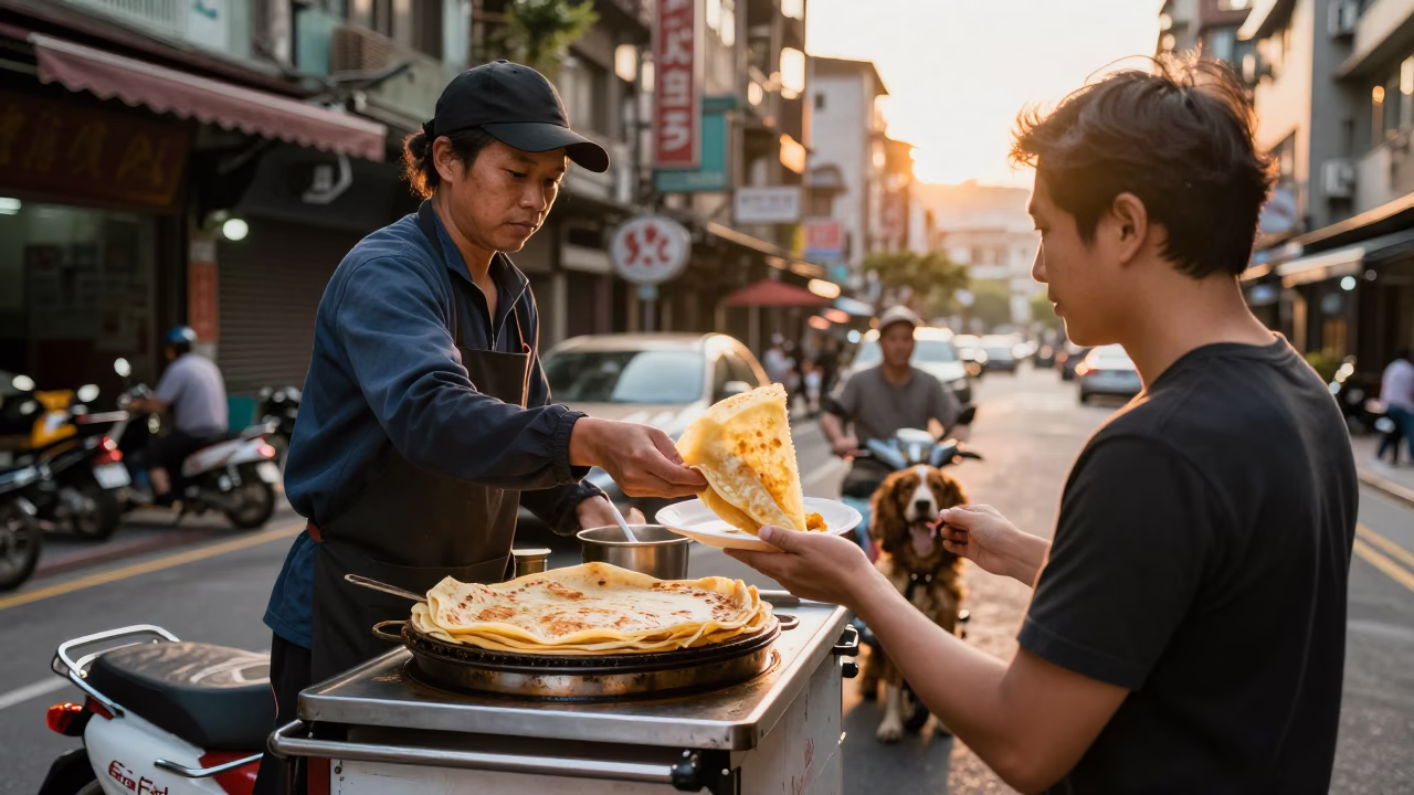 Golden Hour Street Scene in Taipei Taiwan with Jianbing Crepe and Cocker Spaniel in in Taipei, Taiwan