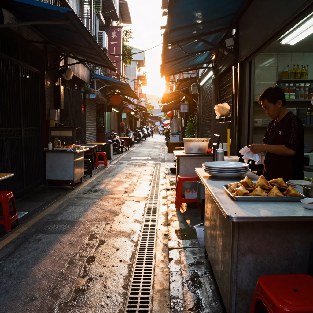 Golden Hour Street Scene in Taipei Taiwan with Local Dining Details in in Taipei, Taiwan