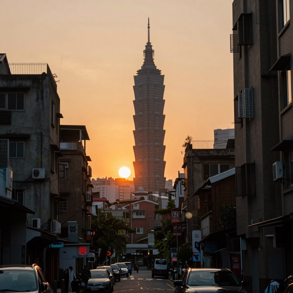 Golden Hour Street Scene in Taipei Taiwan with Water Tower and Lived-In Details in in Taipei, Taiwan