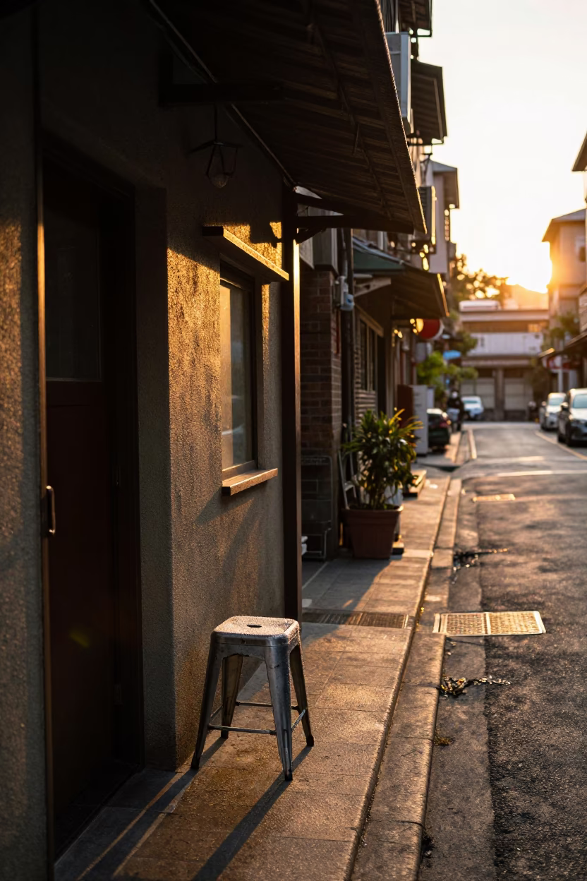Golden Hour Street Scene in Taipei with Condensation on Stool and Vintage Architecture in in Taipei, Taiwan
