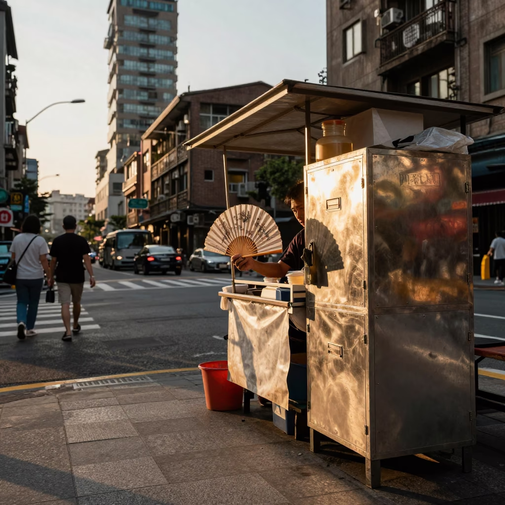 Golden Hour Street Scene in Taipei with Folding Fan and Steel Cabinet Details in in Taipei, Taiwan
