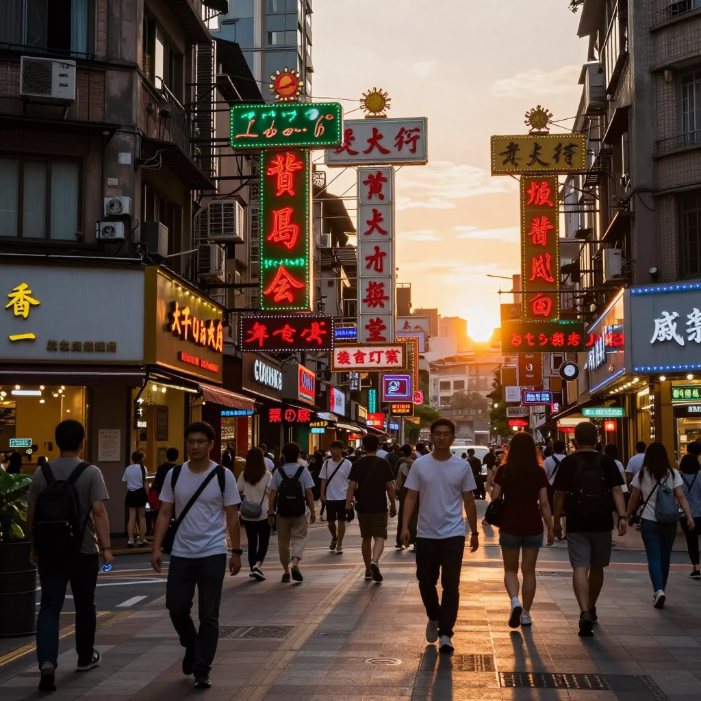 Golden Hour Street Scene in Taipei with Neon Signs and Busy Pedestrians in in Taipei, Taiwan