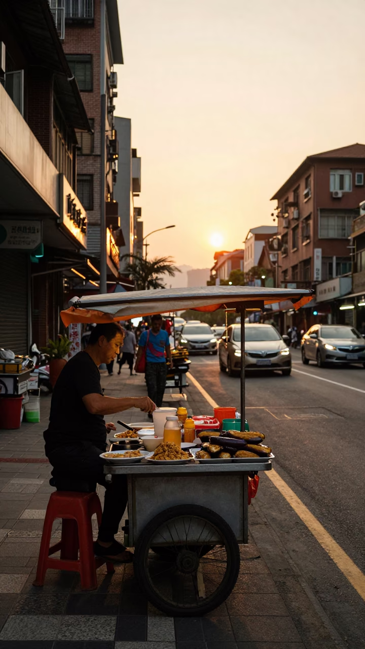 Golden Hour Street Scene in Taipei with Traditional Snacks and Urban Architecture in in Taipei, Taiwan