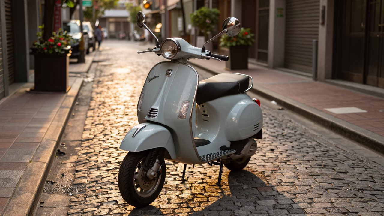 Golden Hour Street Scene in Taipei with Vintage Vespa on Cobblestone Lane in in Taipei, Taiwan