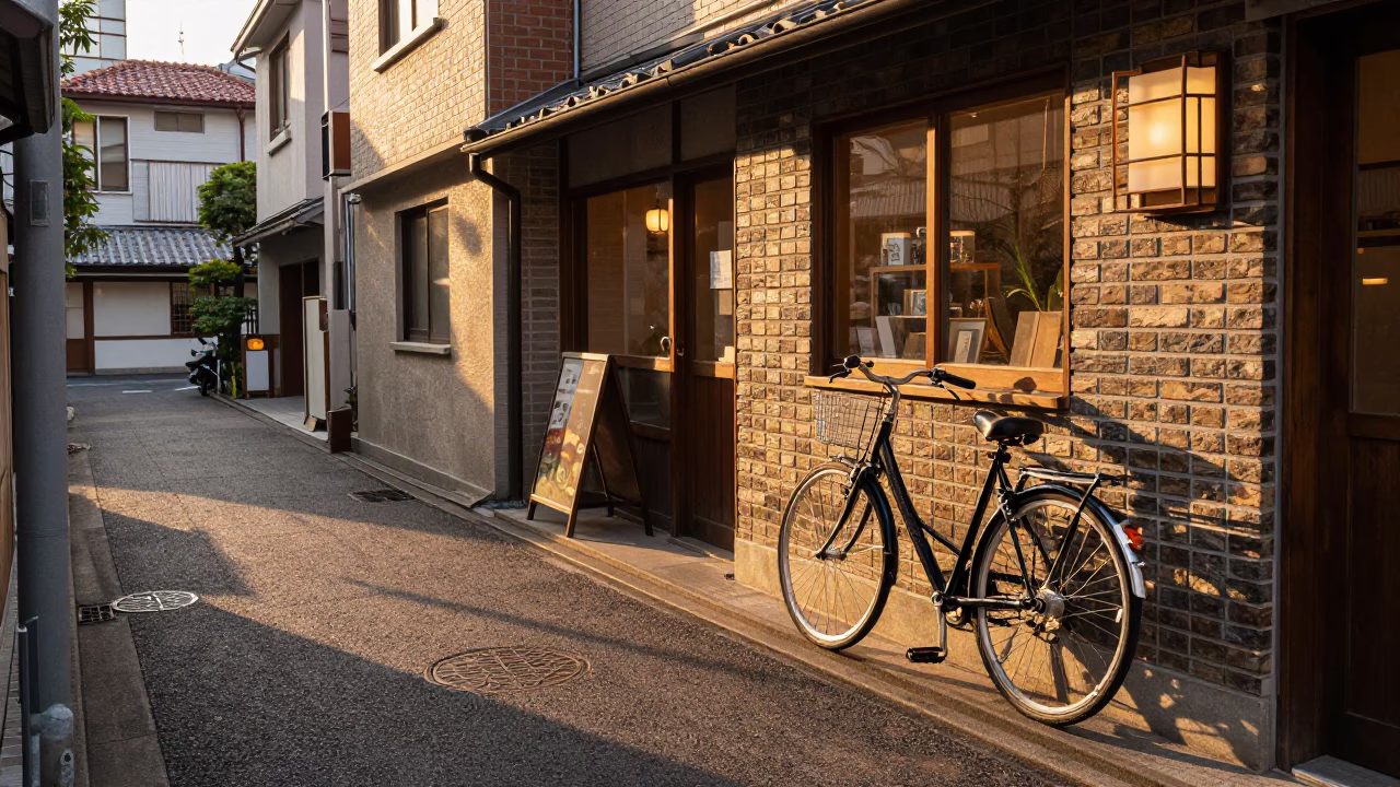 Golden Hour Street Scene in Tokyo Japan with Bicycle and Bakery in in Tokyo, Japan