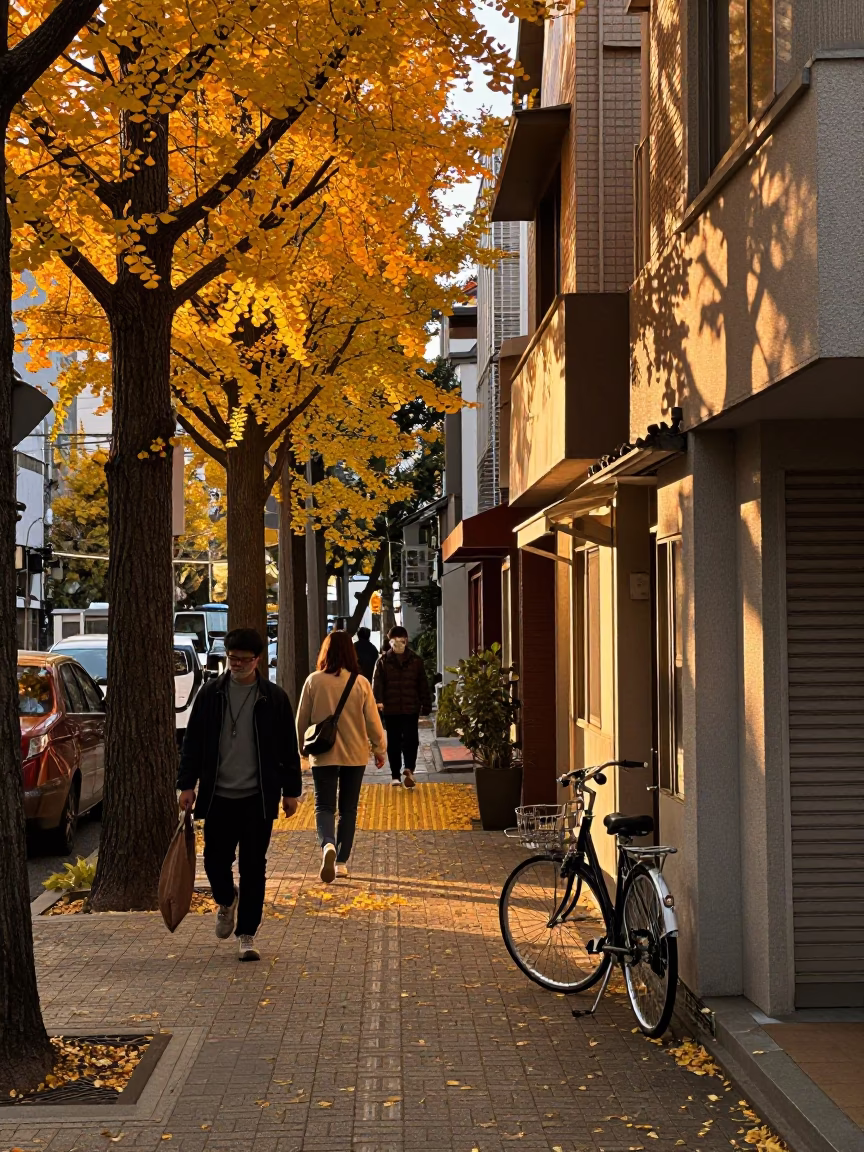 Golden Hour Street Scene in Tokyo Japan with Ginkgo Leaves Falling in in Tokyo, Japan