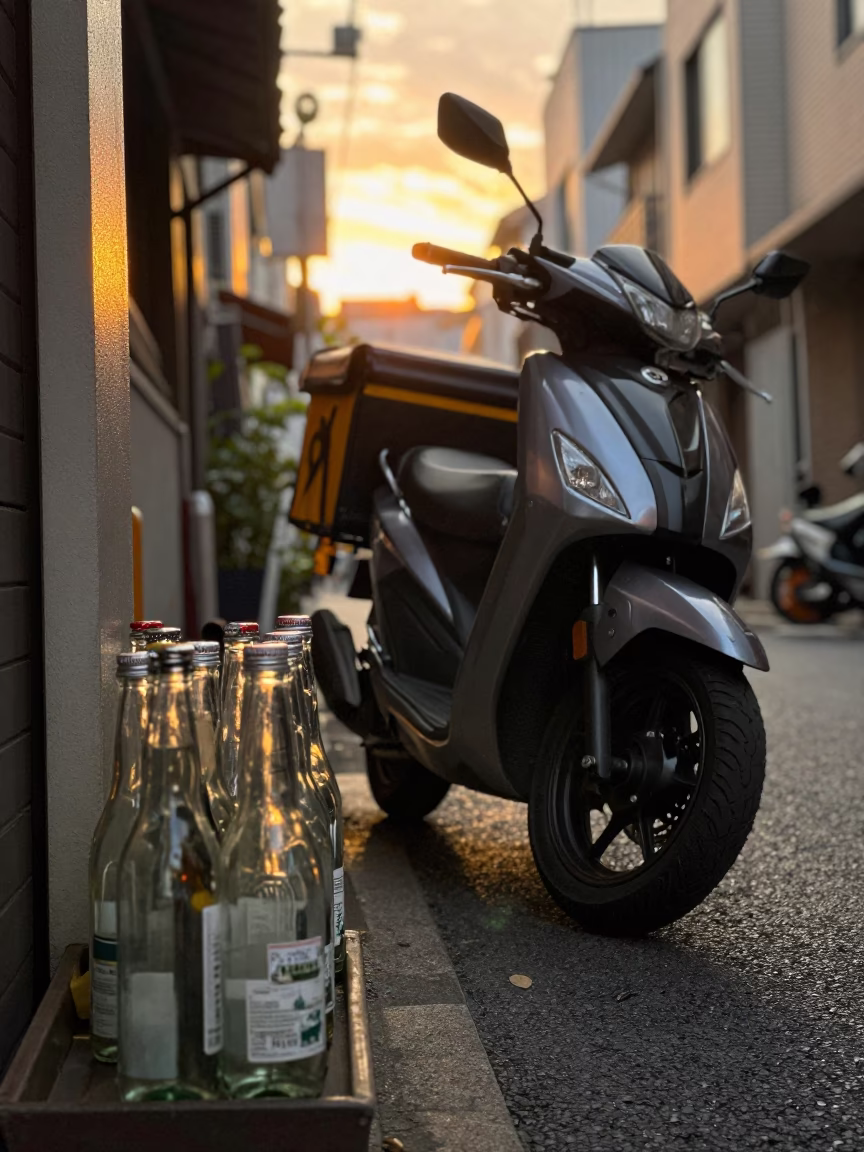 Golden Hour Street Scene in Tokyo Japan with Glass Bottles and Motorcycle in in Tokyo, Japan