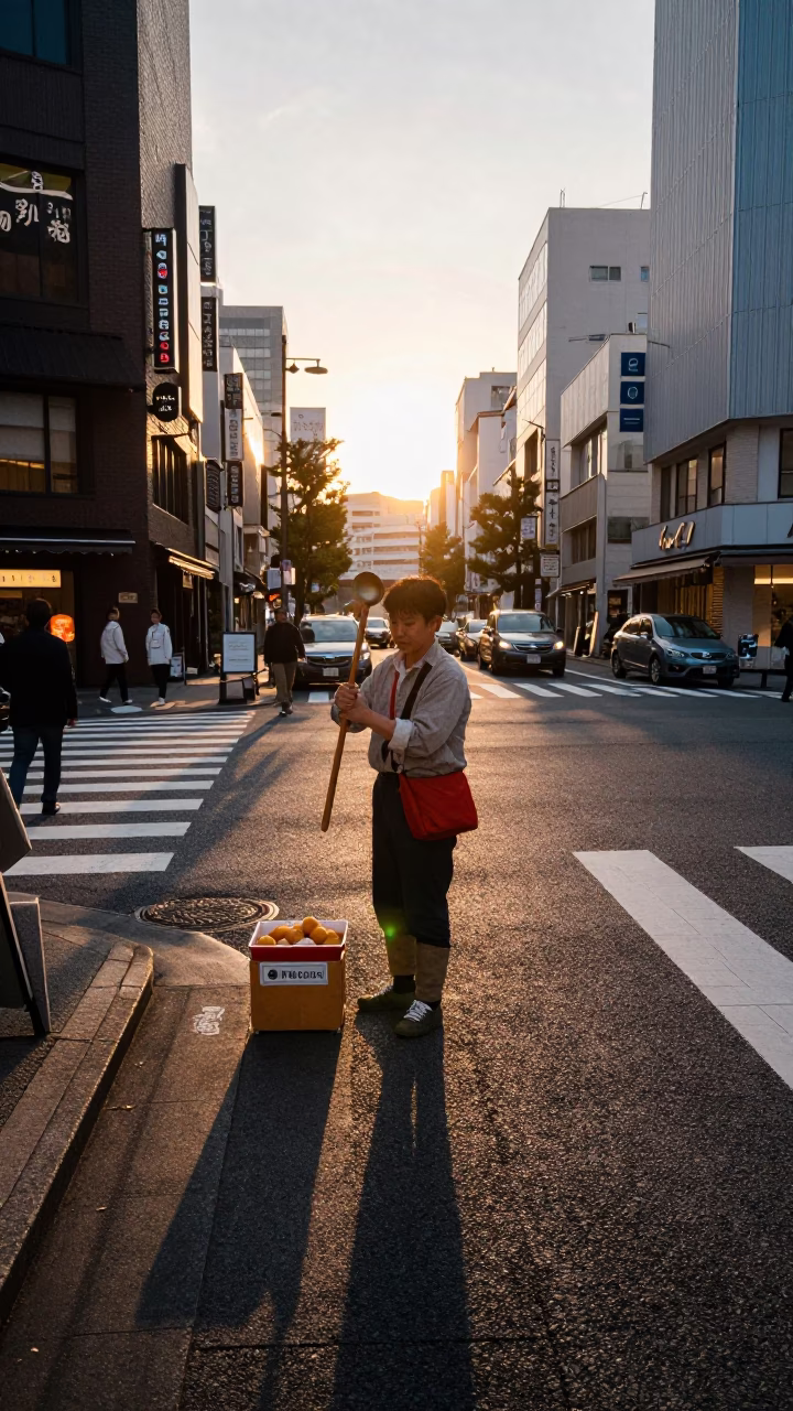 Golden Hour Street Scene in Tokyo Japan with Ladle and Arancini in in Tokyo, Japan