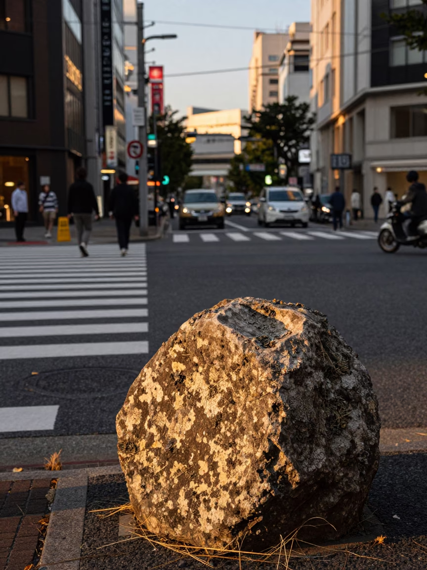 Golden Hour Street Scene in Tokyo Japan with Lichen Boulder and Twine Fibers in in Tokyo, Japan
