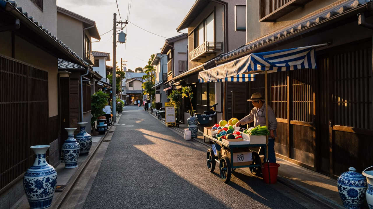Golden Hour Street Scene in Tokyo Japan with Traditional Blue and White Porcelain Plate in in Tokyo, Japan