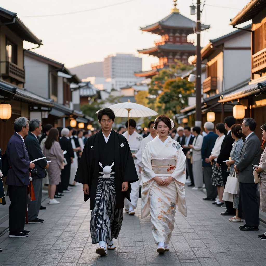 Golden Hour Street Scene in Tokyo Japan with Traditional Wedding Procession and Heritage Architecture in in Tokyo, Japan