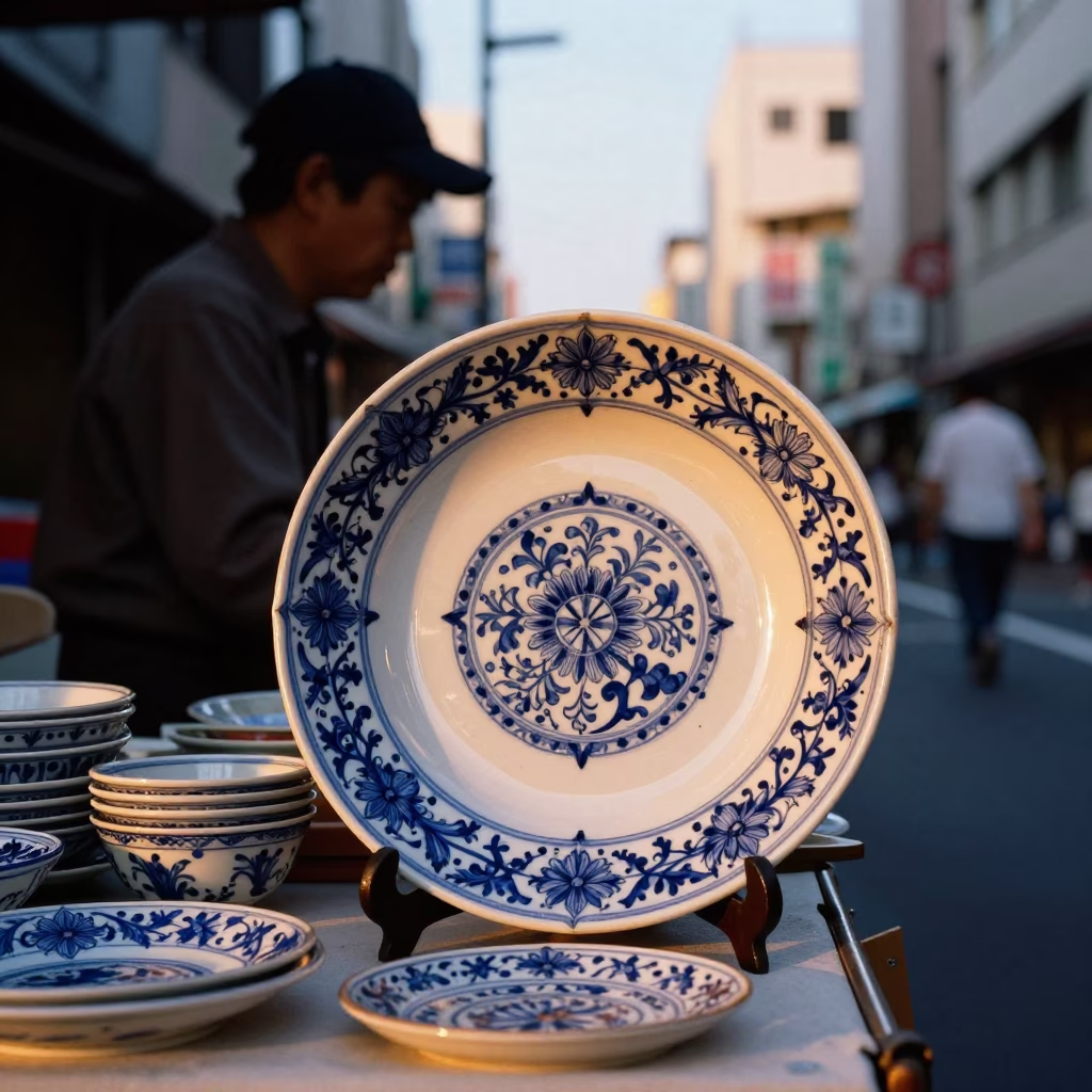 Golden Hour Street Scene in Tokyo Japan with Vintage Majolica Plate and Calligraphy in in Tokyo, Japan