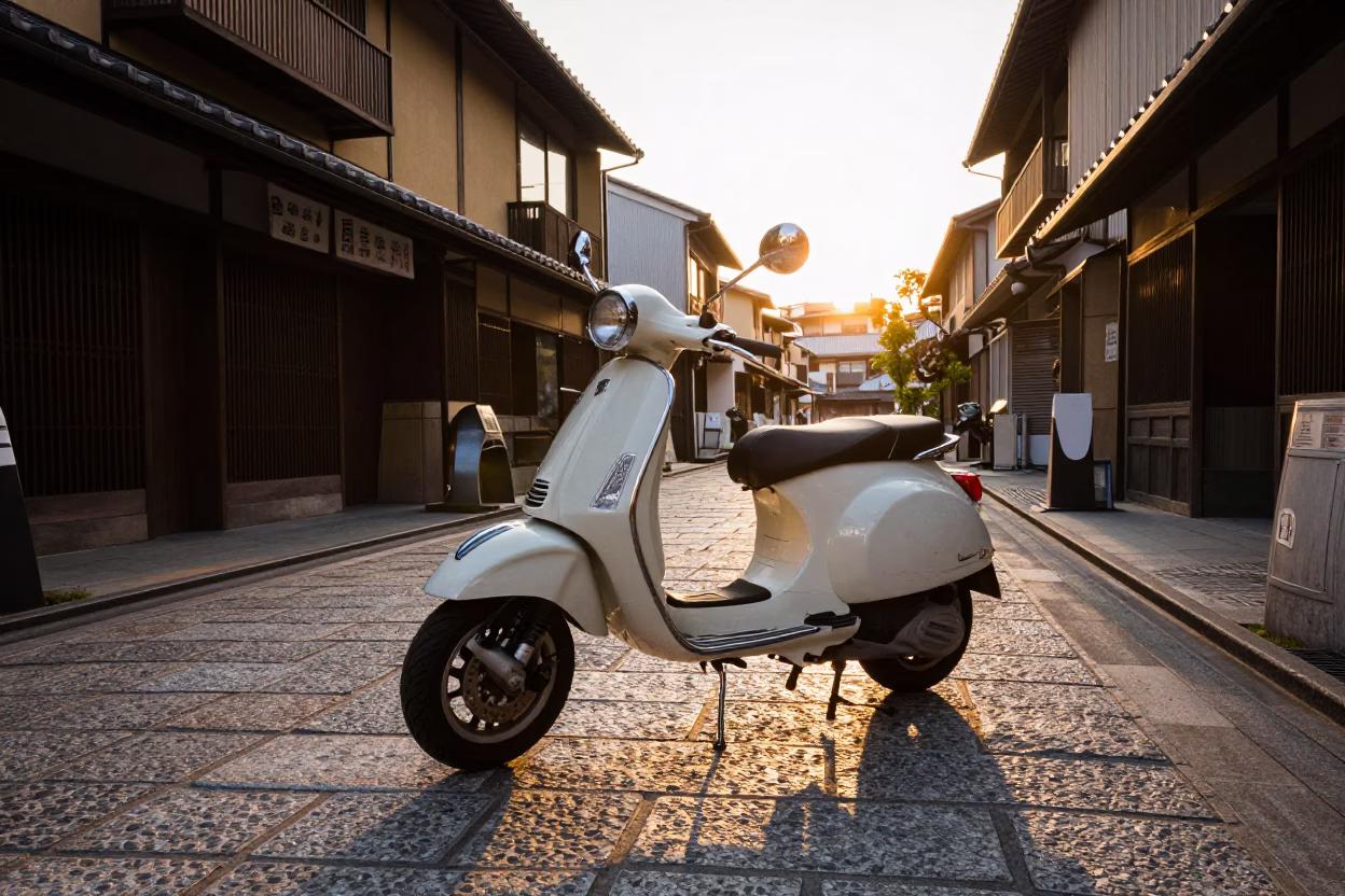Golden Hour Street Scene in Tokyo Japan with Vintage Vespa and Traditional Architecture in in Tokyo, Japan