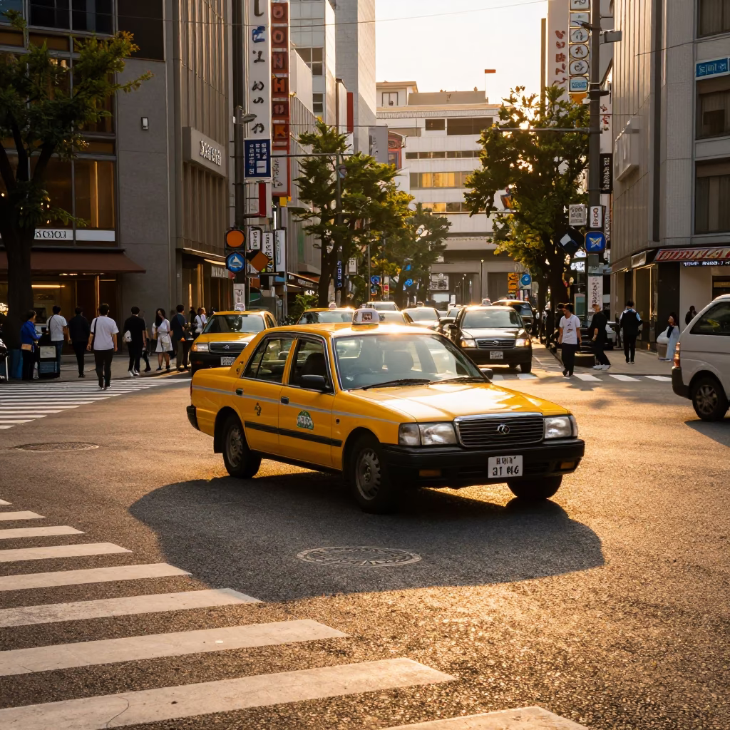 Golden Hour Street Scene in Tokyo Japan with Yellow Taxi and Evening Light in in Tokyo, Japan