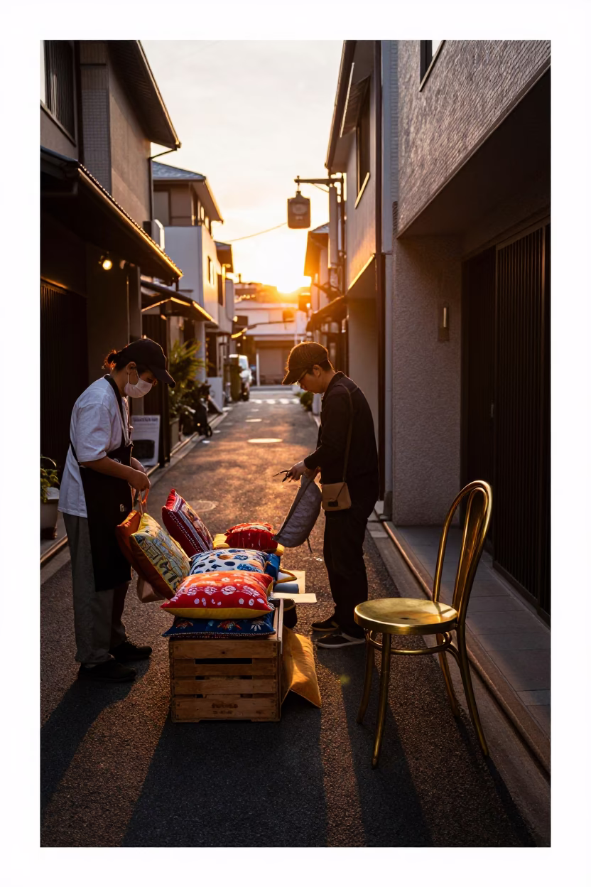 Golden Hour Street Scene in Tokyo with Cushions and Brass Details in in Tokyo, Japan