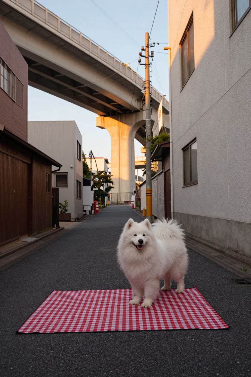Golden Hour Street Scene in Tokyo with Dog and Picnic Blanket in in Tokyo, Japan