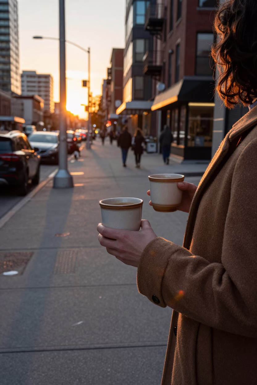Golden Hour Street Scene in Toronto Ontario Canada with Coffee Mugs and Urban Architecture in in Toronto, Ontario, Canada
