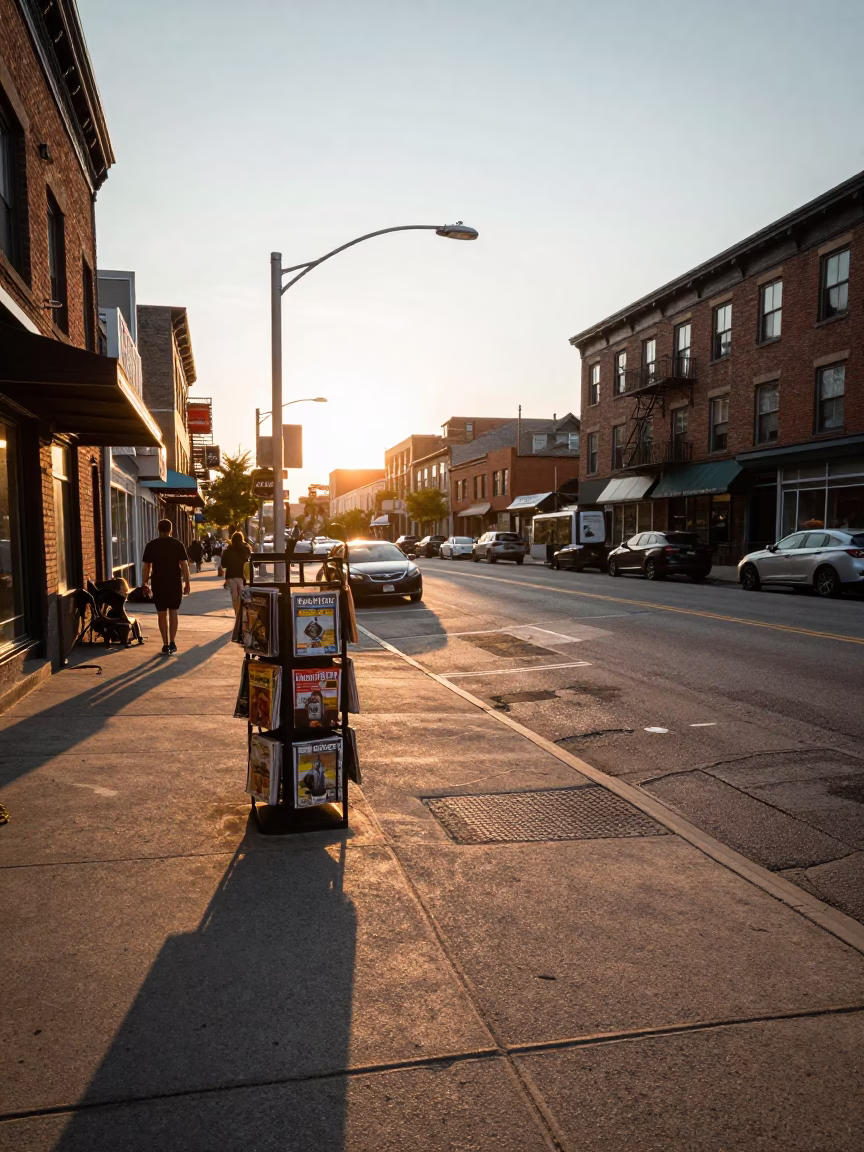 Golden Hour Street Scene in Toronto Ontario Canada with Magazine Rack and Urban Details in in Toronto, Ontario, Canada