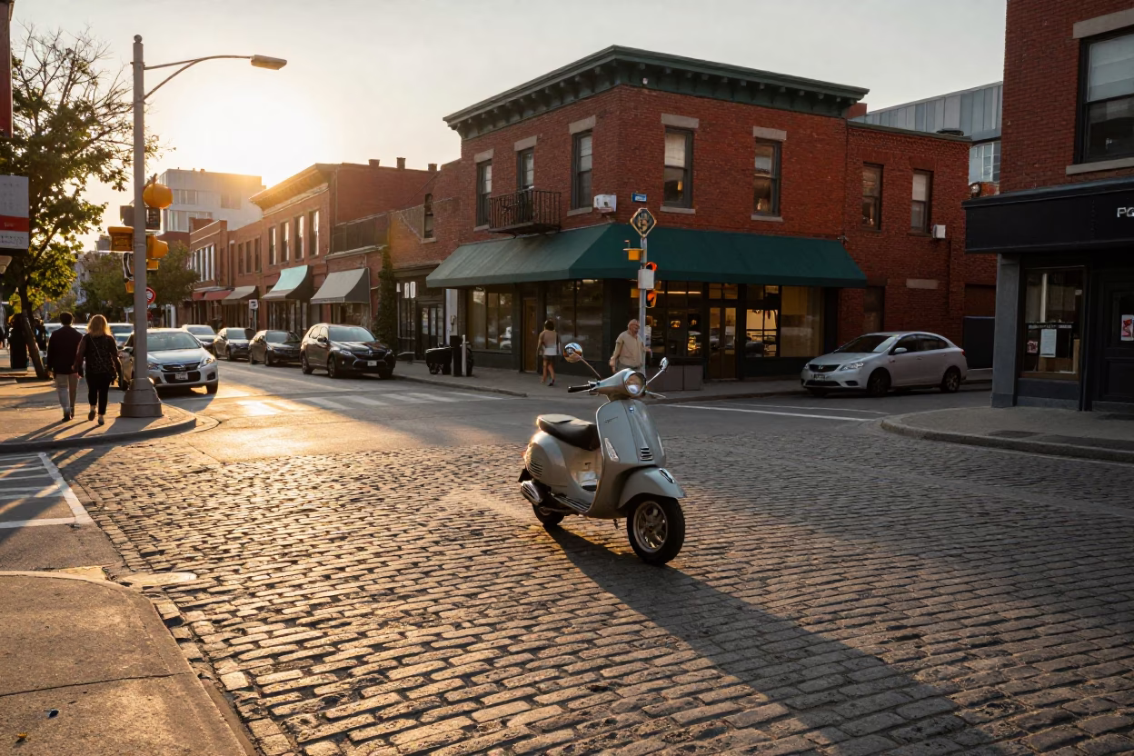 Golden Hour Street Scene in Toronto Ontario Canada with Vintage Scooter and Pedestrians in in Toronto, Ontario, Canada